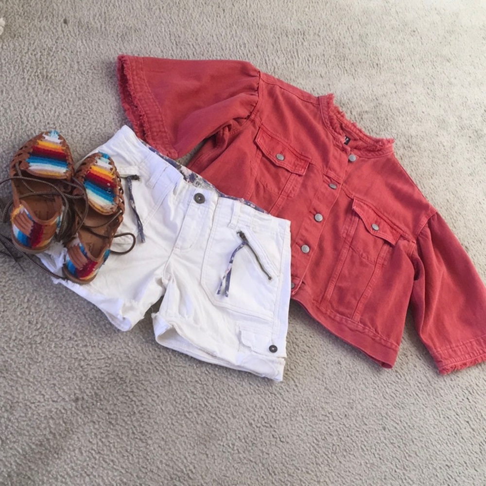 GAP/“CORAL”-FRAYED 3/4 WIDE SLEEVES & COLLAR BOXY CROP JEAN JACKET
